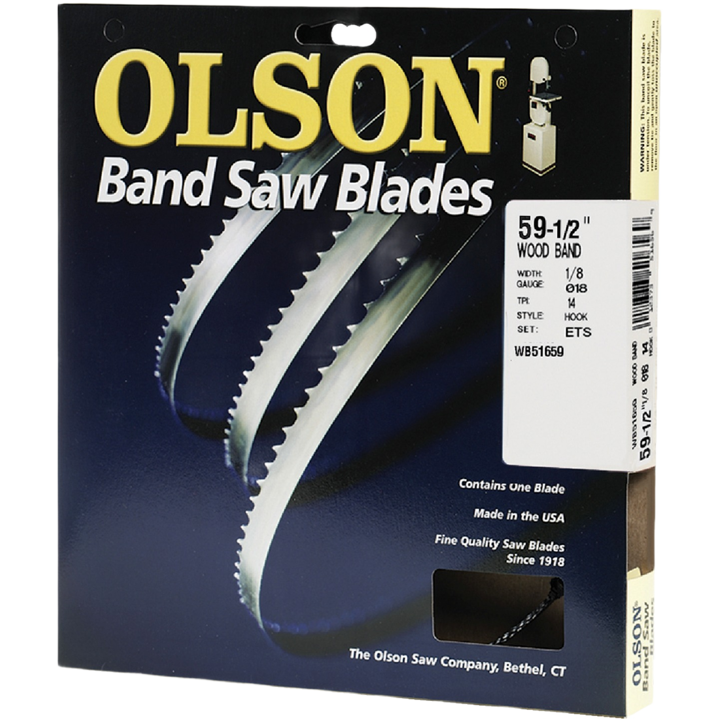 Packaging of Olson brand wood cutting band saw blade with 14 TPI hook style for tools and home improvement use