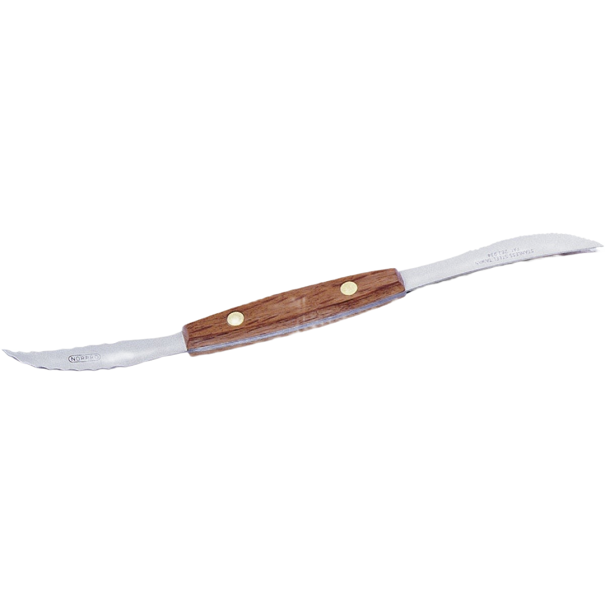 Dual-ended grapefruit knife with serrated stainless steel blades and wooden handle for precise kitchen cutting tasks