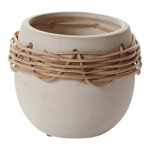 Off-white decorative pot with woven rattan accent around the upper edge for home decor and improvement projects