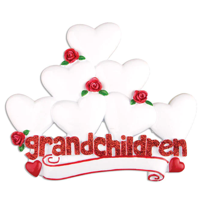 White heart ornament with red roses and glittery red grandchildren text in Christmas Ornaments & Tree Decorations under $50 collection