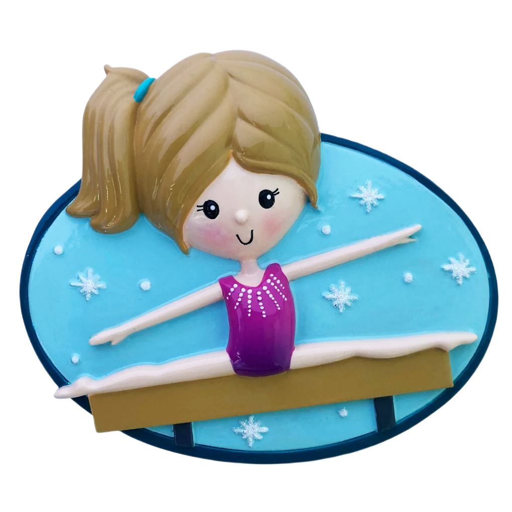 Ornament of female gymnast in purple leotard performing split on beam with snowflake background in Christmas collection