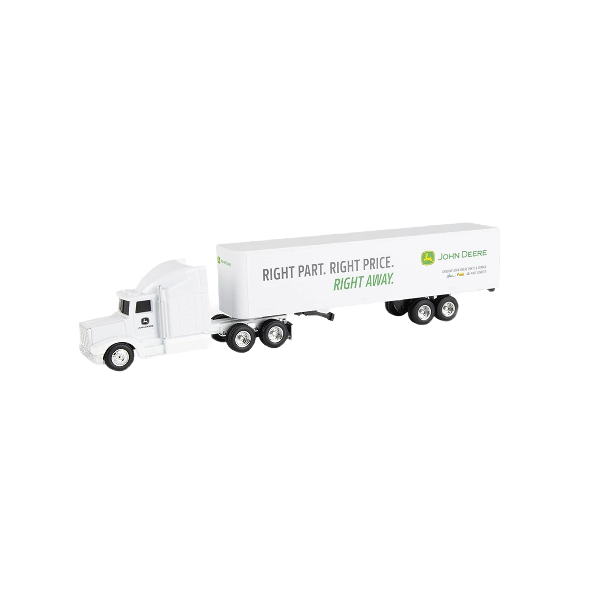 White semi truck toy with trailer displaying John Deere logo and slogan from Vehicles & Remote Controlled Toys collection