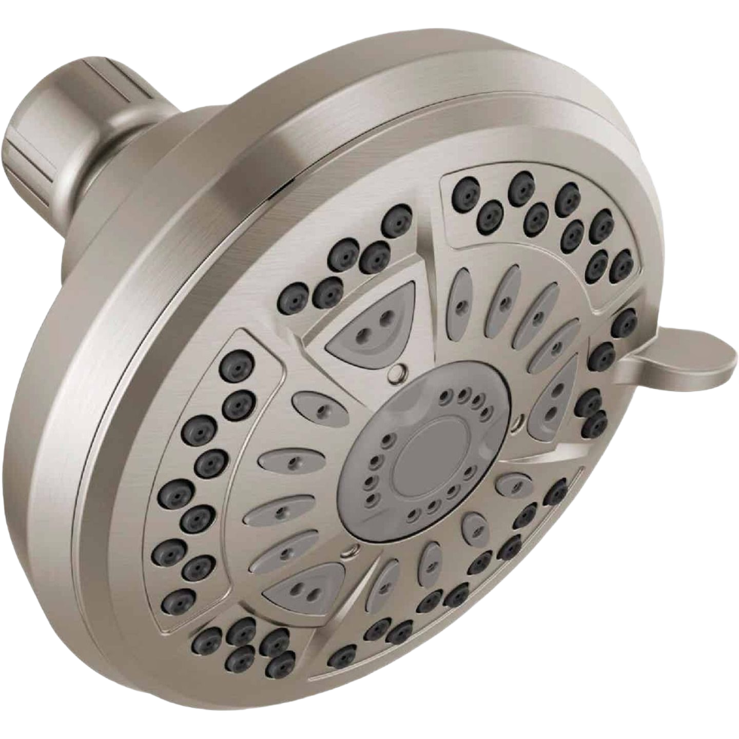 Brushed nickel shower head with multiple spray settings designed for bathroom plumbing and home improvement projects