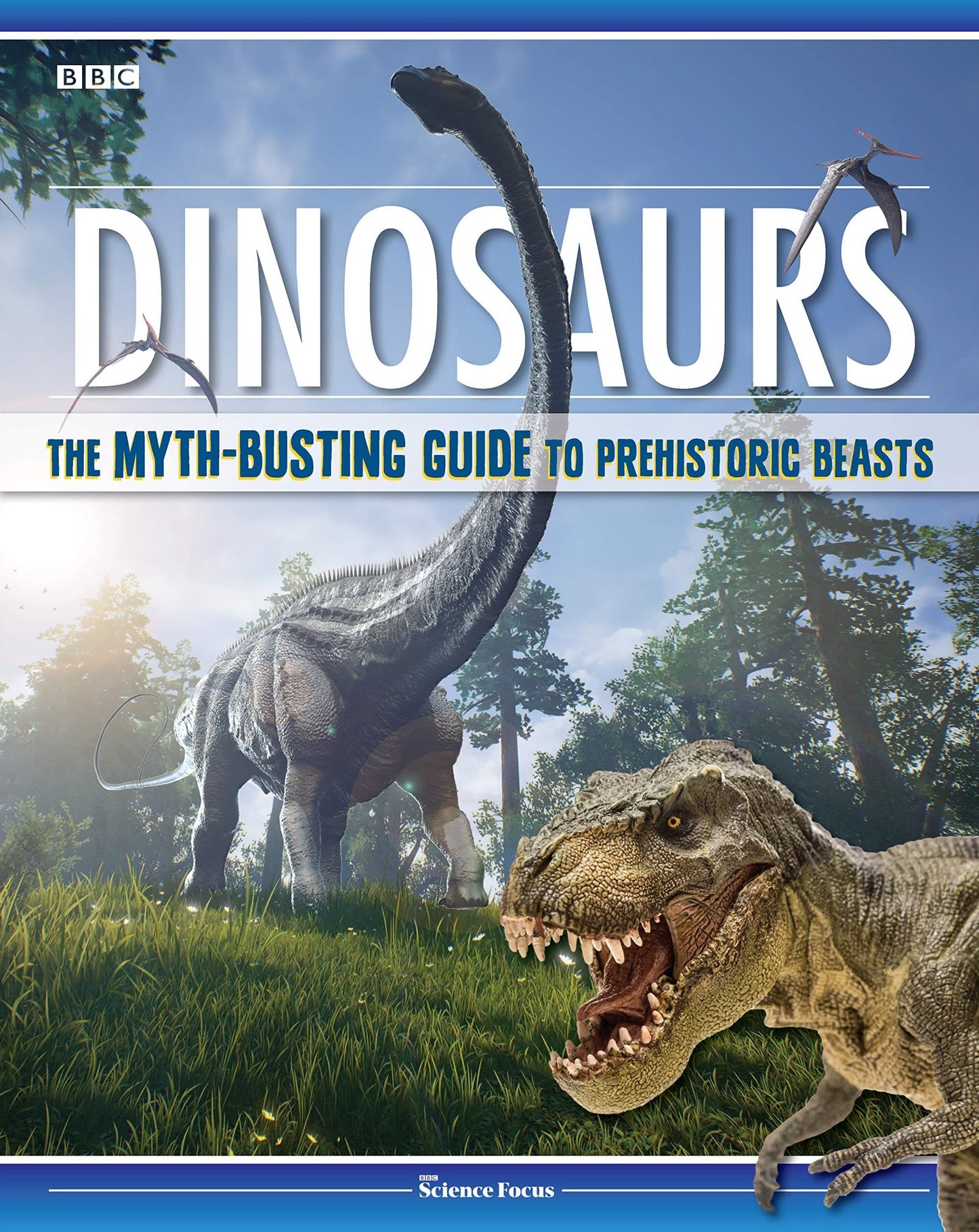 Cover of a dinosaur guidebook featuring a Brachiosaurus and a roaring Tyrannosaurus rex in a forest setting