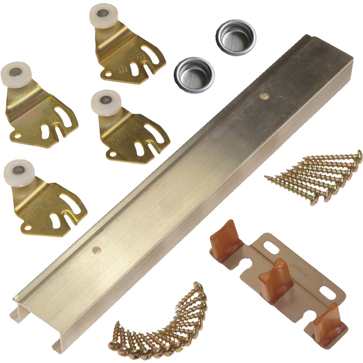 Aluminum bypass door track with roller guides, mounting brackets, and screws for smooth sliding door hardware under $50 collection