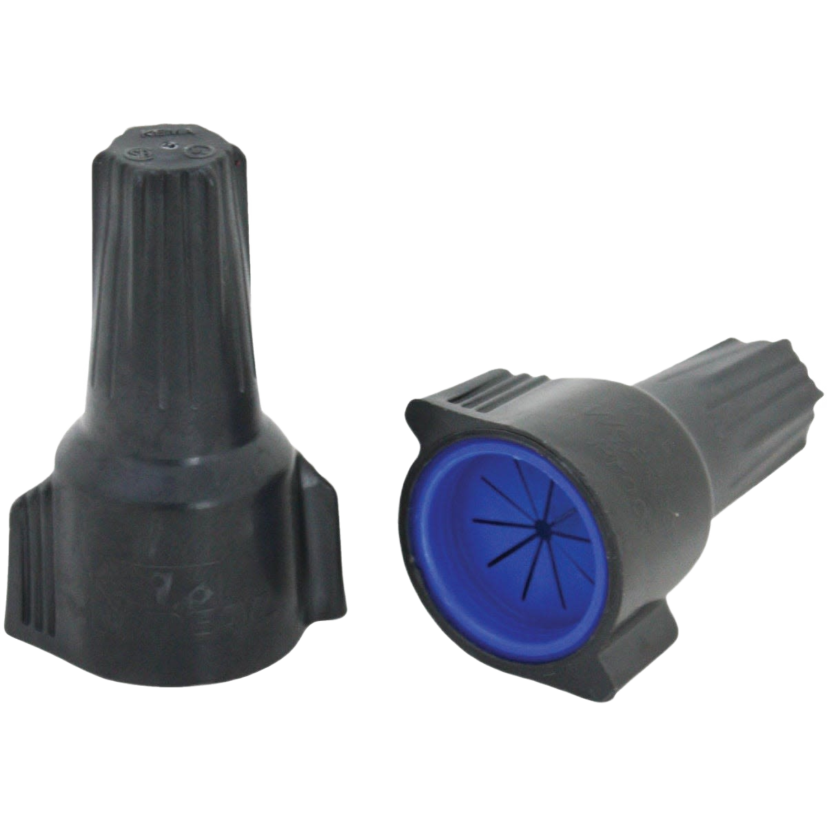 Large black and blue copper wire connectors for electrical use, weatherproof and suitable for outdoor home improvement projects