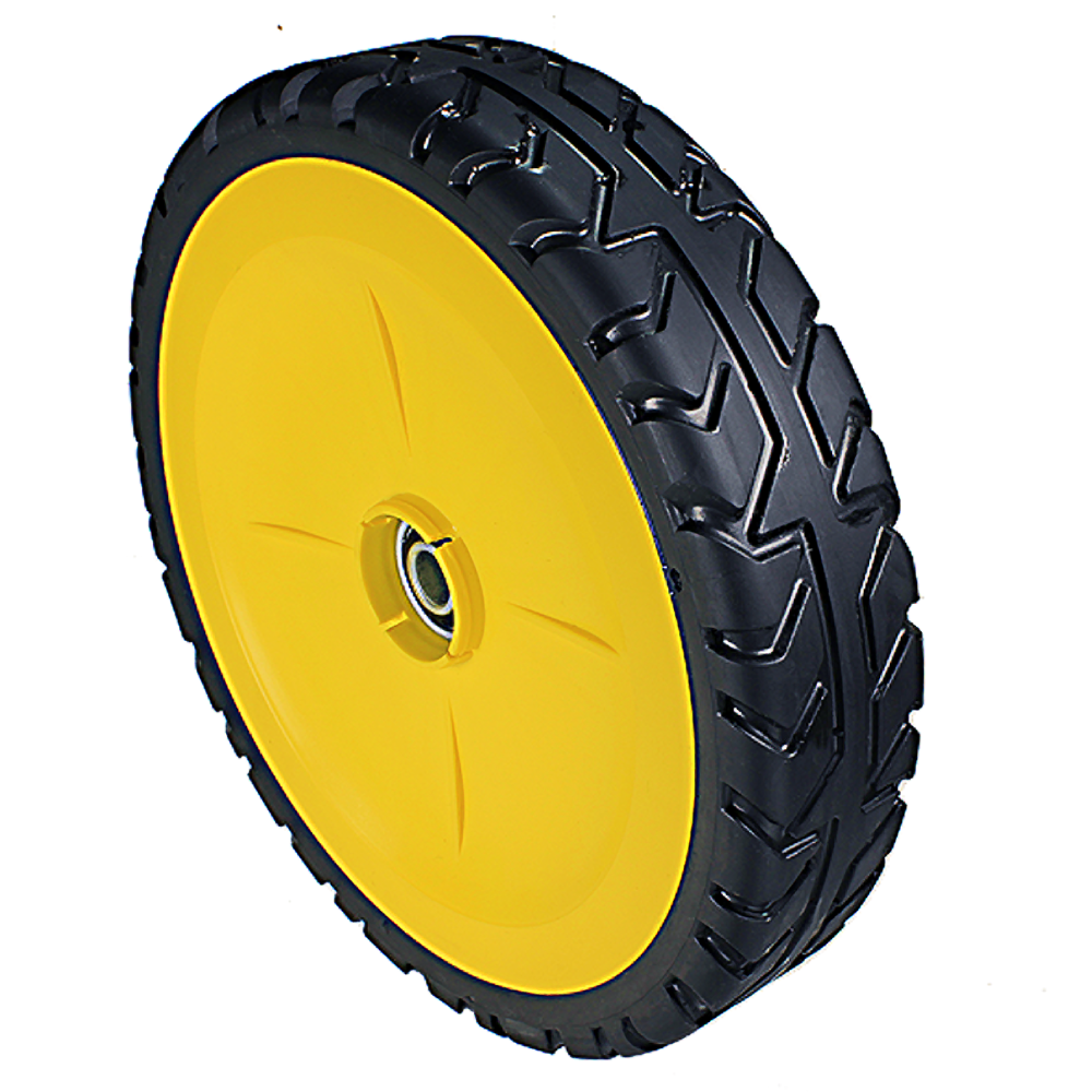 Black treaded tire with bright yellow plastic wheel hub designed for outdoor equipment maintenance tasks