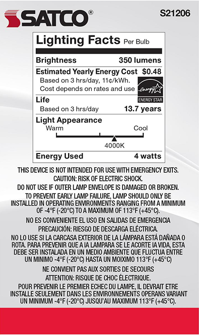 Energy label for 4 watt LED bulb with 350 lumens, cool 4000K light, energy cost, and lifespan details for home lighting
