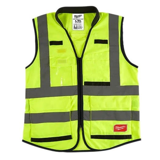 High visibility yellow safety vest with reflective gray stripes and multiple pockets for construction and safety gear use