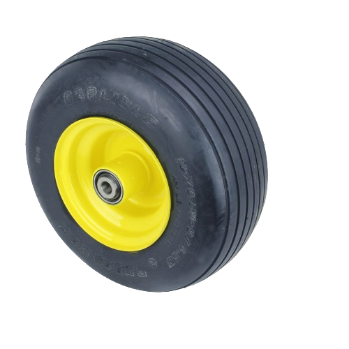 Grooved tire and yellow metal rim assembly for automotive and John Deere parts and accessories collection
