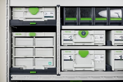 Festool modular Systainer3 SYS3-RACK storage system with organized tool boxes for workshop and jobsite tool storage