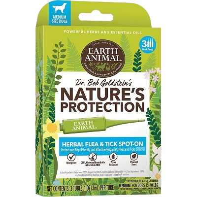 Packaging of Earth Animal herbal flea and tick treatment for medium dogs with natural ingredients and 3-month supply