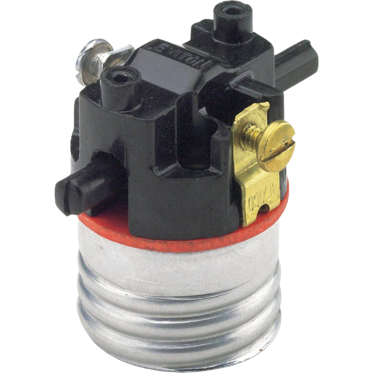 Black and silver push-thru replacement lamp socket with brass terminal, suitable for electrical and lighting projects