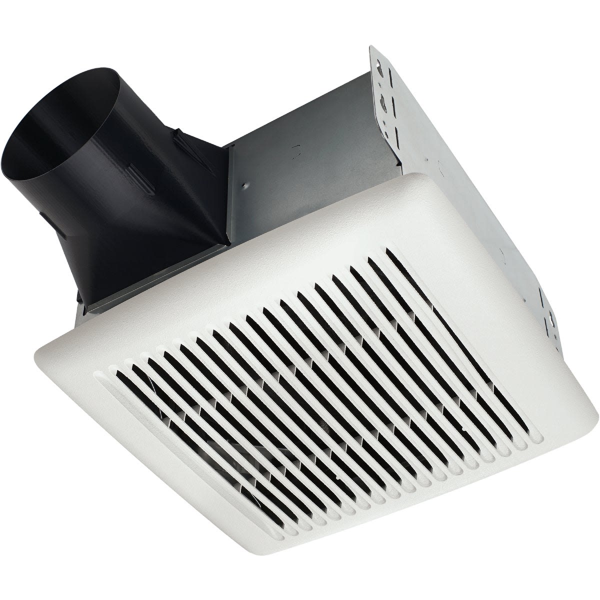 Broan 80 CFM Bath Exhaust Fan with white grille and black duct housing for home improvement projects