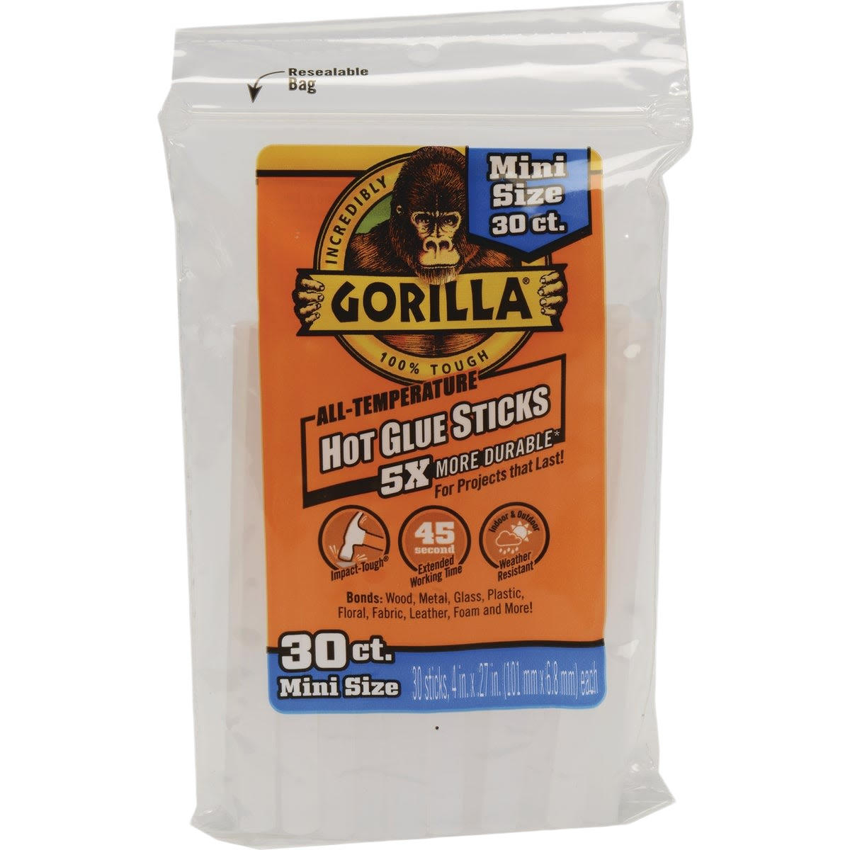 Resealable bag of 30 clear mini hot glue sticks designed for durable all-temperature bonding in home improvement projects