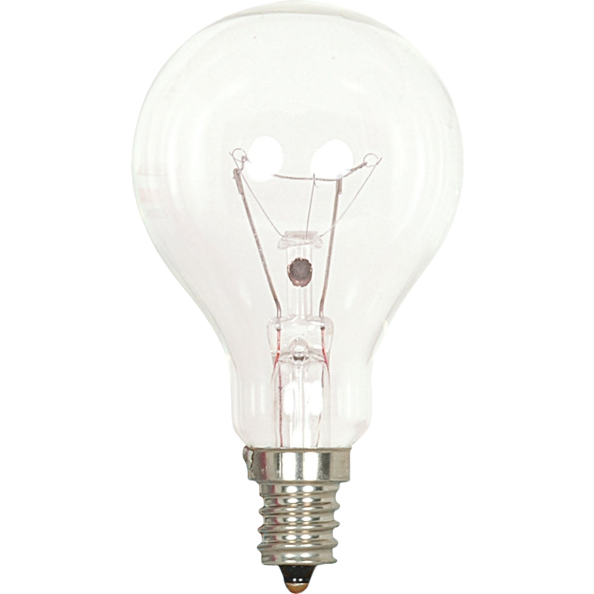 Clear A15 incandescent light bulb with metal screw base for ceiling fan lighting and electrical applications