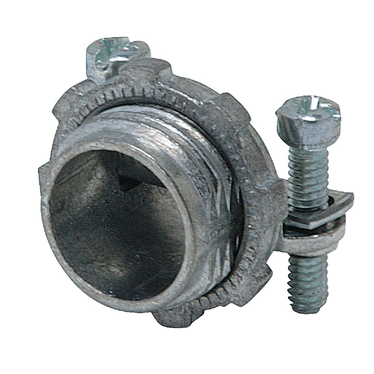 Die-cast zinc clamp connector for securing 10/3 non-metallic wire, suitable for electrical boxes and fittings.