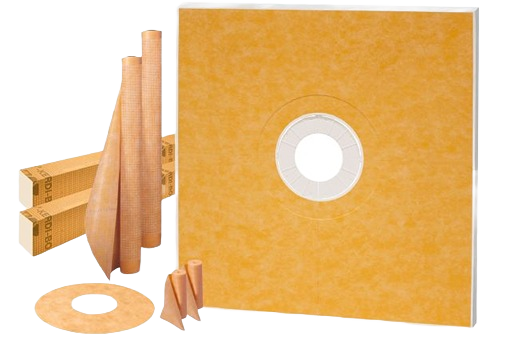 Waterproofing shower kit components with orange membrane sheets and sealing accessories for home improvement projects