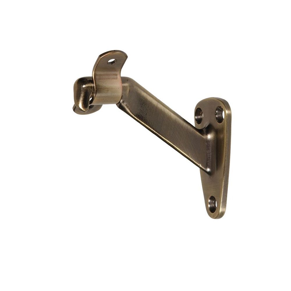 Antique brass handrail bracket with mounting holes for sturdy support in hardware and home improvement collections