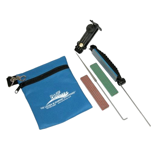 Knife sharpening system with two diamond sharpening stones, angled guide rods, and blue zippered carry pouch for home tools use