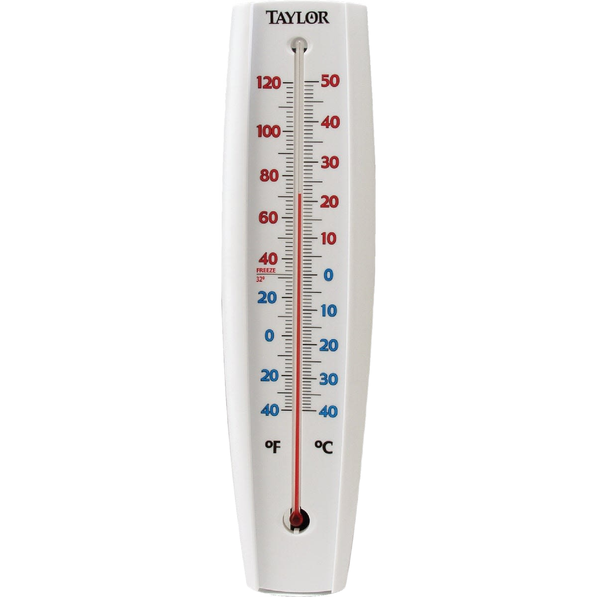 White indoor and outdoor thermometer with red scale tube showing Fahrenheit and Celsius temperature readings