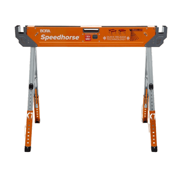 Orange and silver adjustable support stand with quick release legs for tools and home improvement use