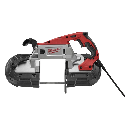 Electric deep cut band saw with red and gray housing for power tools and home improvement projects