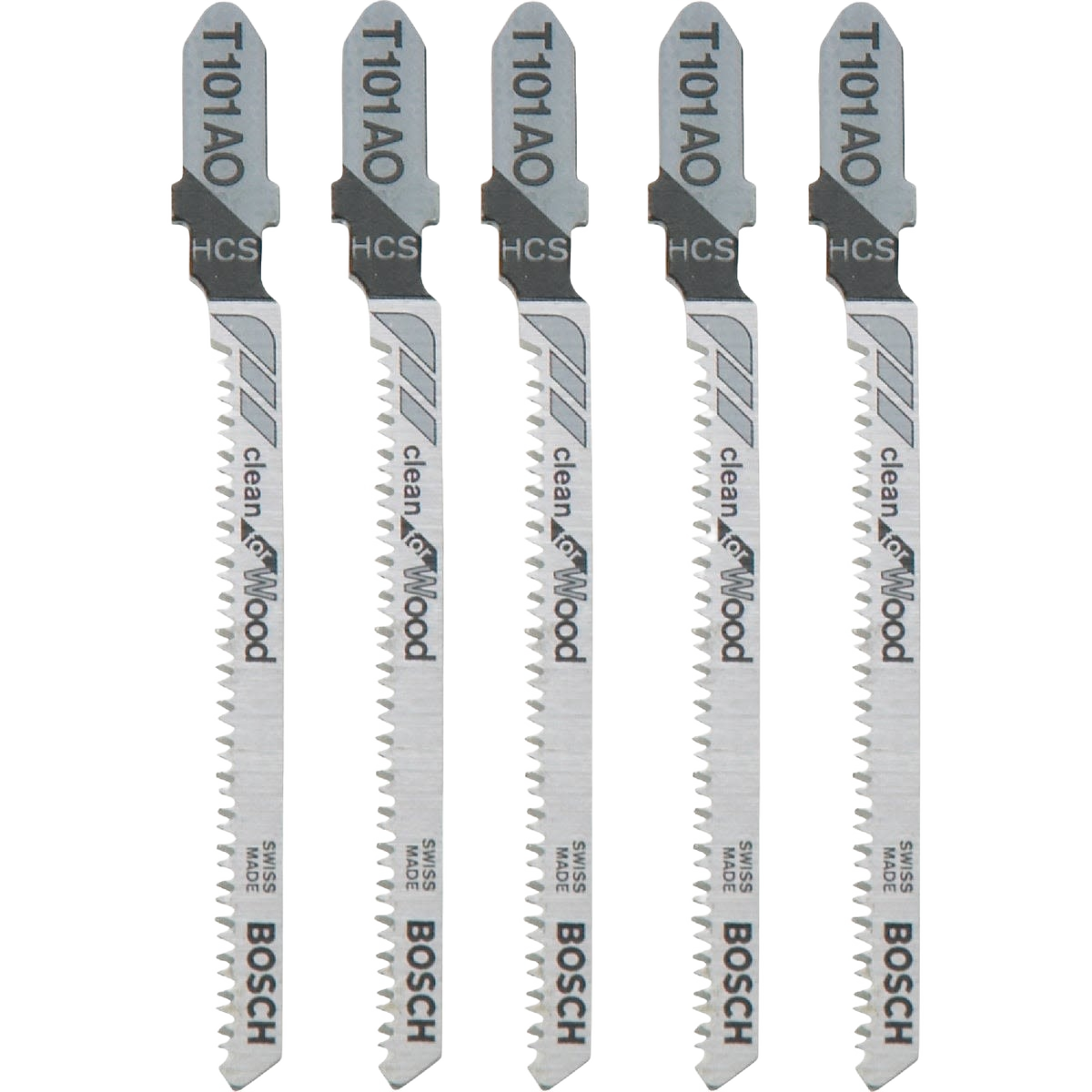 Set of five Bosch T-shank jig saw blades with 20 TPI for clean wood cutting in power tool accessories collections