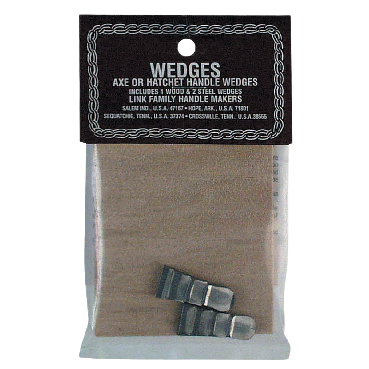 Three-pack wood and steel wedges for securing axe or hatchet handles in home improvement projects