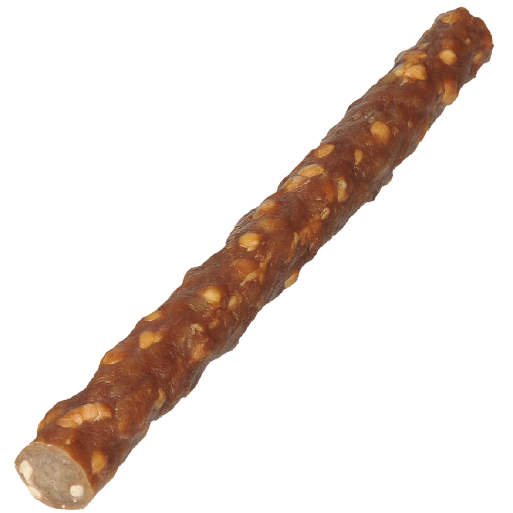 Single veggie sausage dog treat with visible vegetable bits for dental health in pet and dog supplies collections