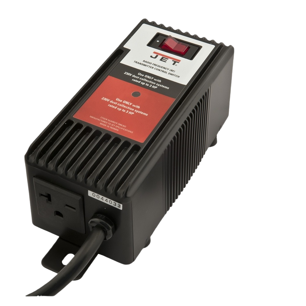 Black and red remote control unit for dust collector with power cord, part of woodworking tools and air filtration collection