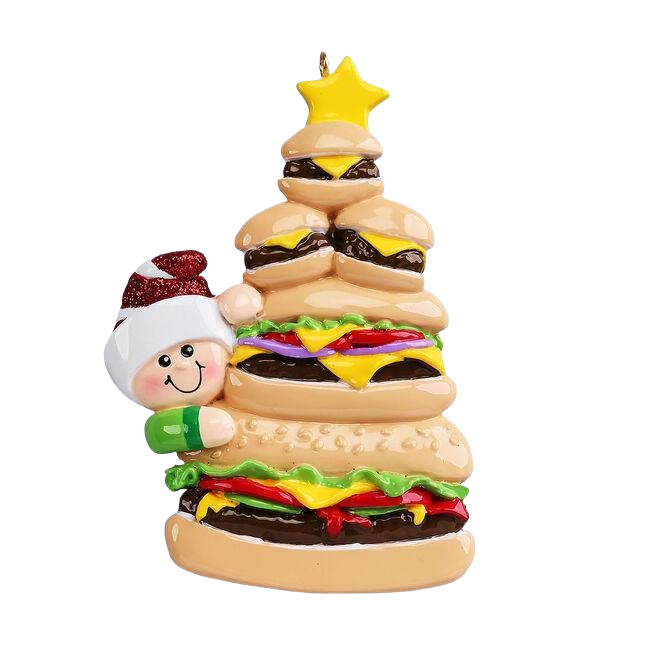 Colorful burger stack Christmas ornament with smiling character in festive hat for holiday tree decorations under $50
