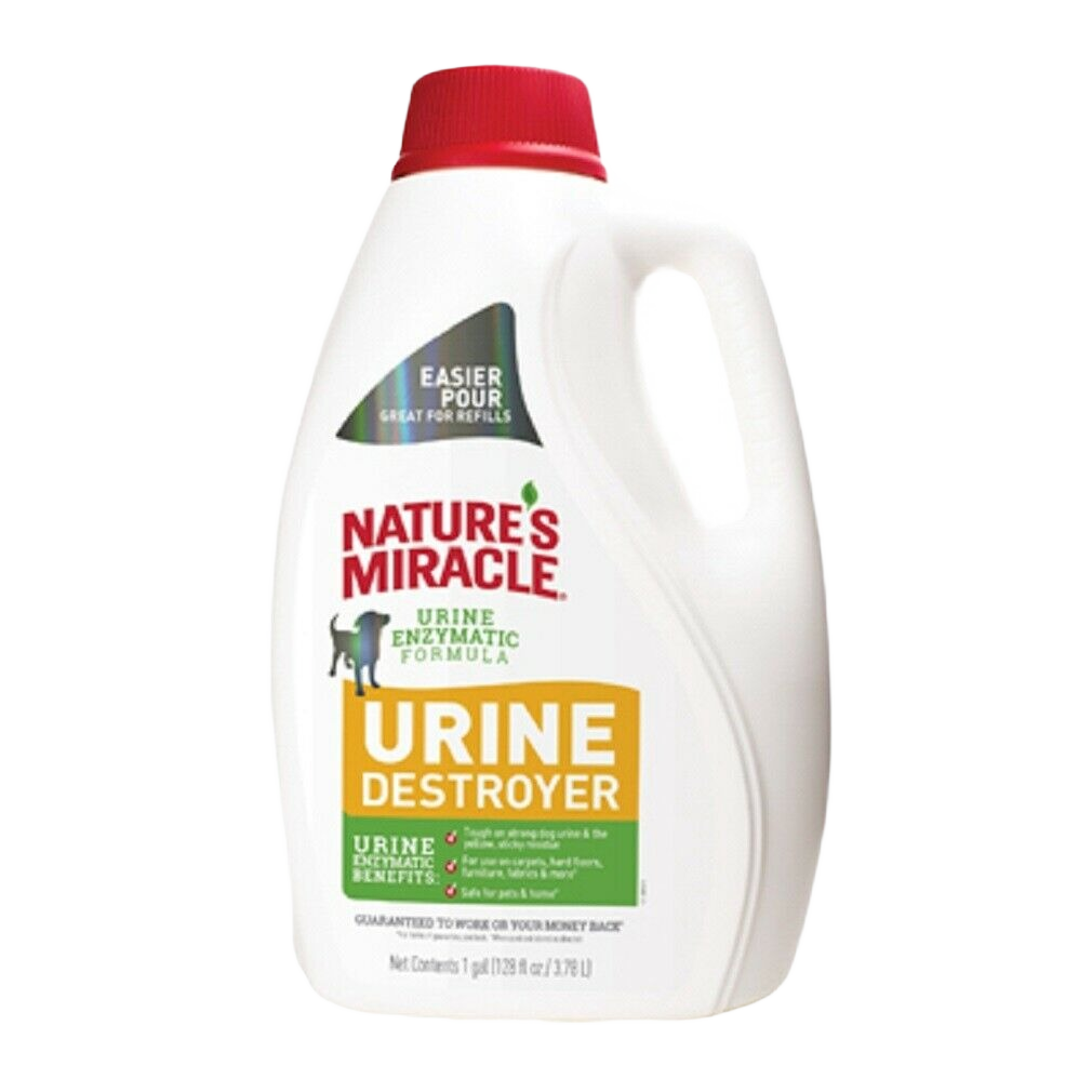 White container of Nature's Miracle enzymatic formula urine destroyer with red cap for home cleaning use