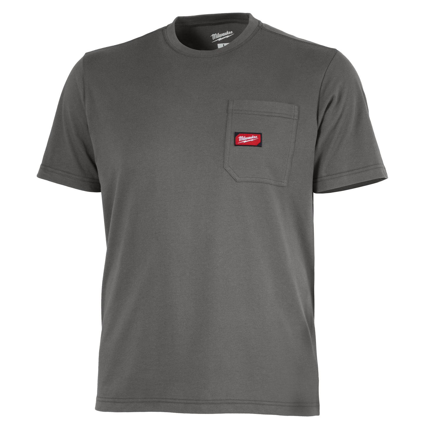 Short sleeve gray work t-shirt with chest pocket and red logo label for tools and home improvement tasks