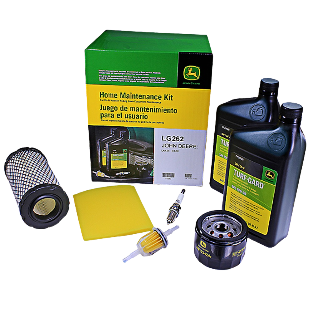 John Deere home maintenance kit including oil, filters, spark plug, and air filter for tools and equipment care