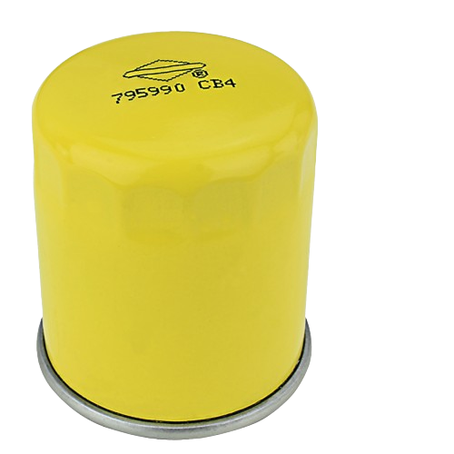 Yellow cylindrical oil filter with black printed code and metal base for home improvement and maintenance tools