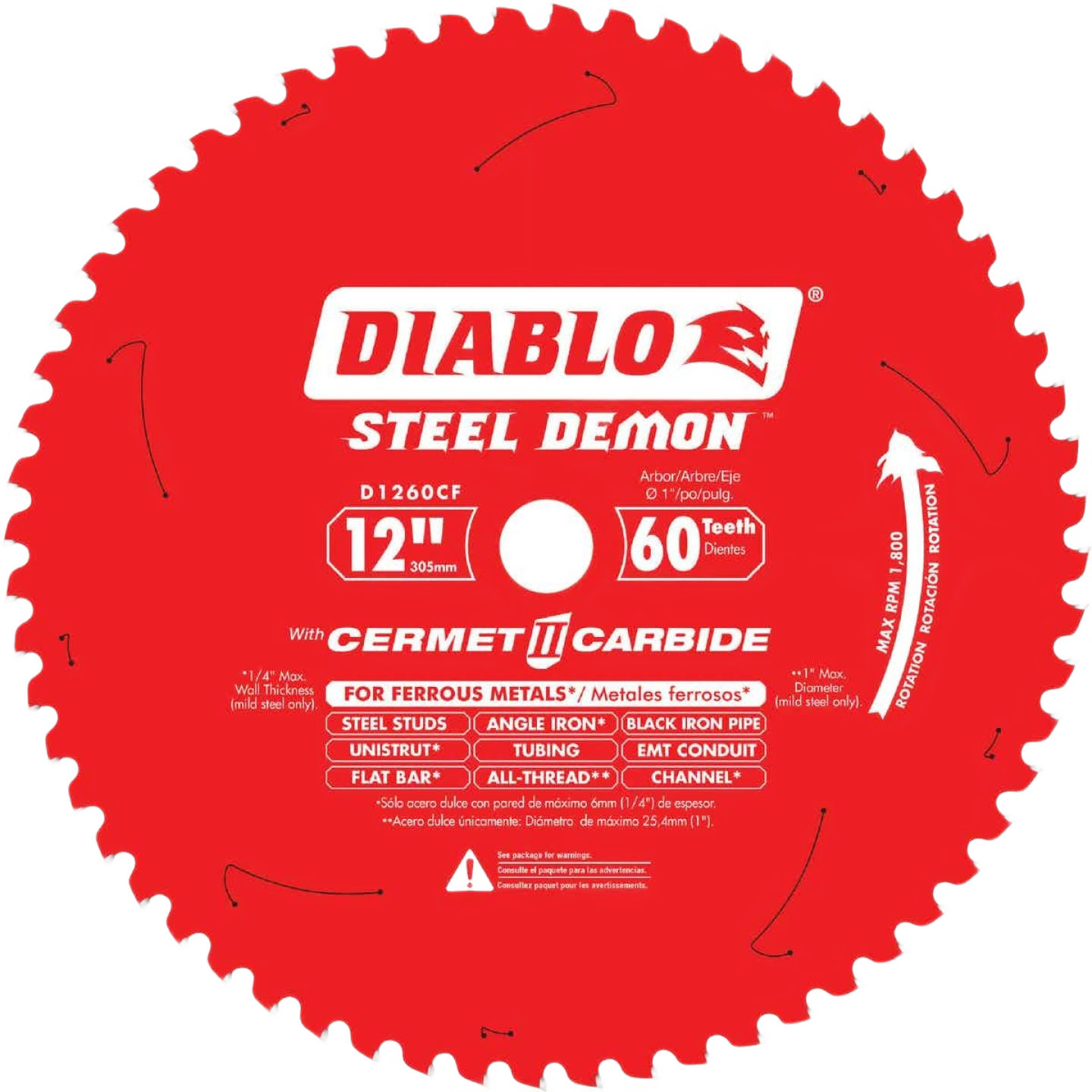 Red 12-inch metal cutting saw blade with 60 teeth for ferrous metals in power tool and woodworking accessories collections