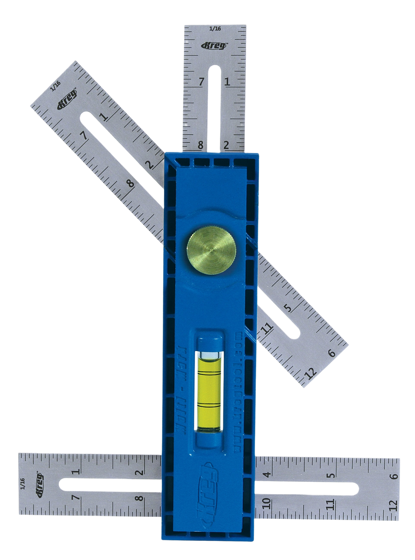 Blue multi-scale measuring and marking tool with level vial for woodworking and hand tool collections under $50