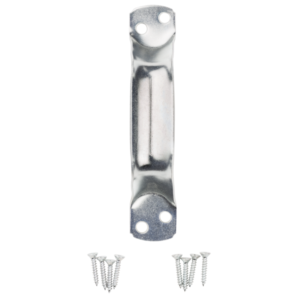 Zinc-finished steel door pull handle with mounting screws for cabinet and furniture hardware in home improvement collections
