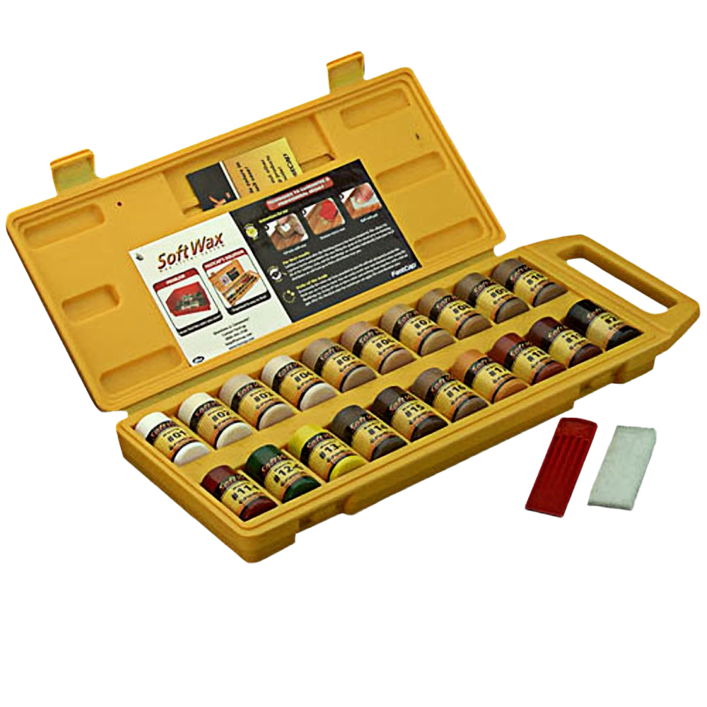 Yellow case with assorted wood filler sticks and small applicators for home improvement and repair projects