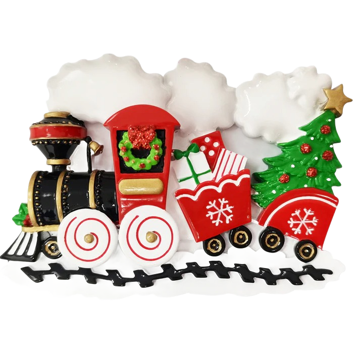 Decorative nostalgic holiday train ornament with wreath, gifts, Christmas tree, and white smoke under $50 Christmas decor
