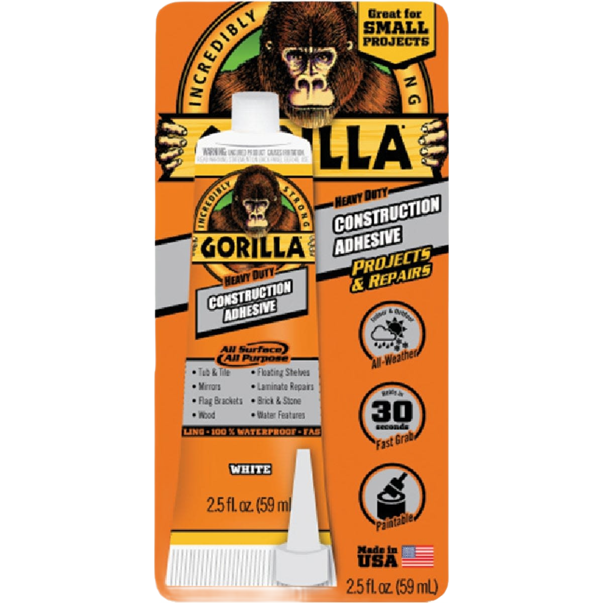 Gorilla heavy-duty construction adhesive tube in orange packaging for home improvement and glue & adhesives collections