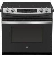 Front view of black and stainless steel drop-in electric range with digital display and control knobs from kitchen appliances collection.