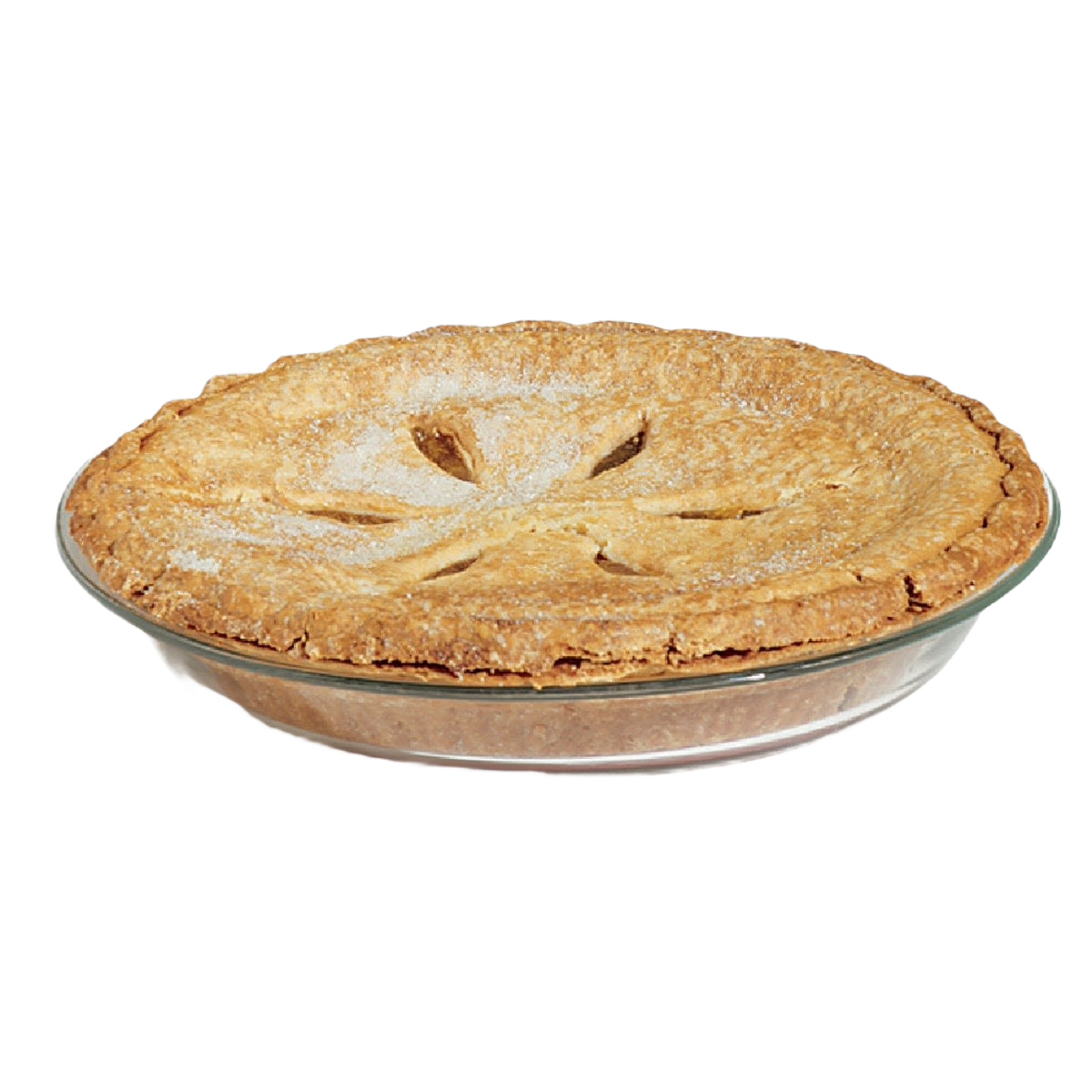 Clear glass pie plate filled with a freshly baked, golden crust fruit pie for home baking use