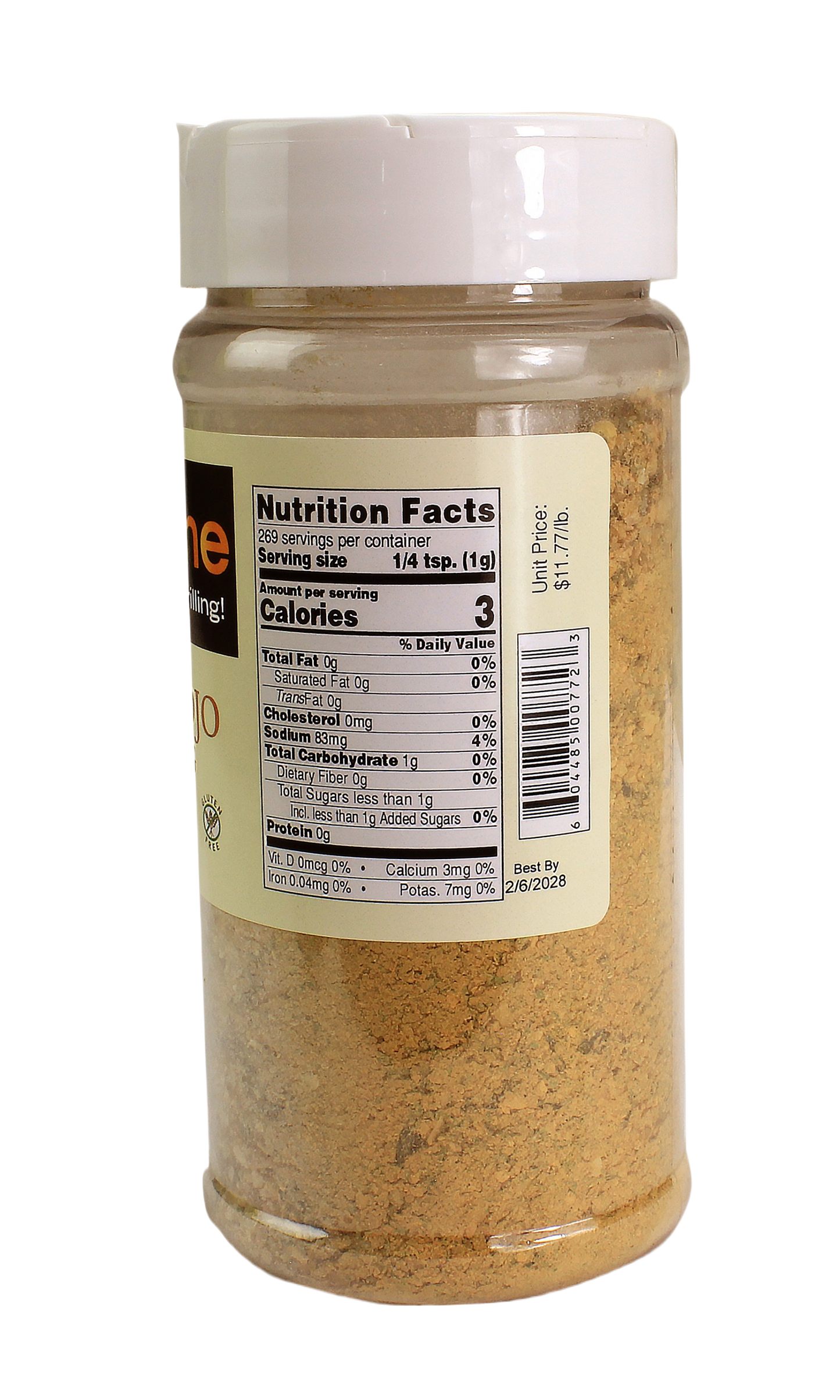 Clear plastic spice jar with white lid showing nutrition facts for Cuban mojo seasoning powder inside