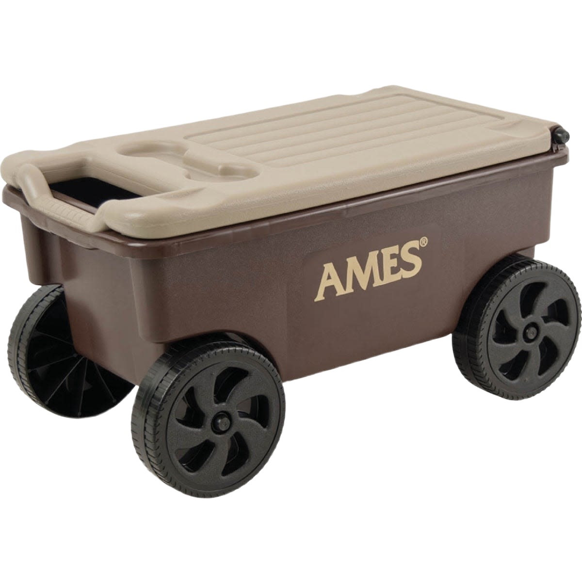 Brown plastic garden cart with four wheels and a beige lid designed for outdoor yard and home improvement tasks