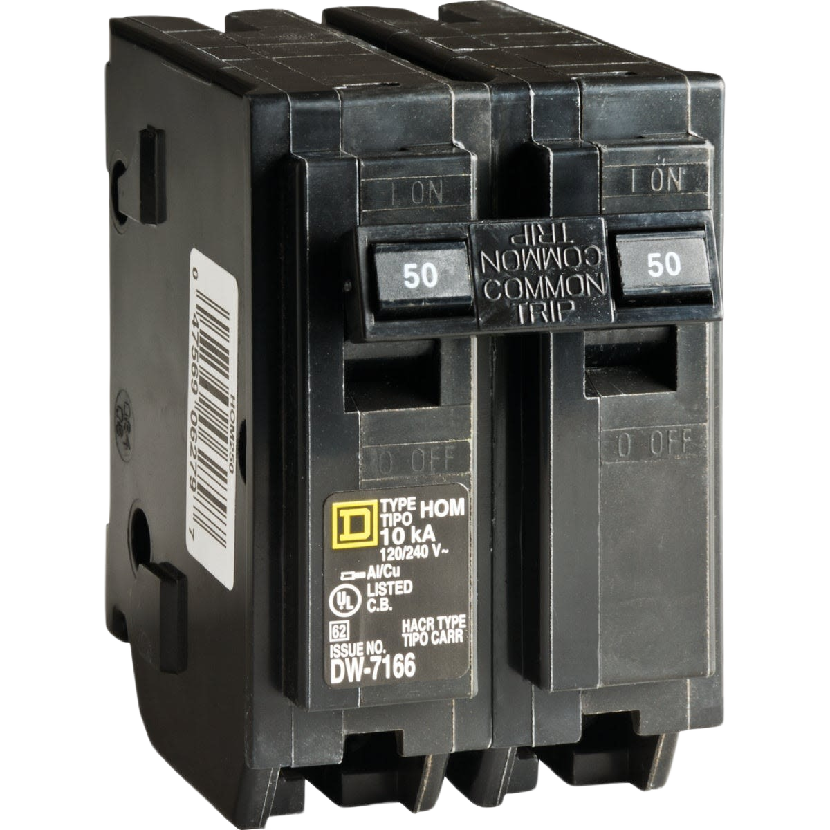 Black 50-amp double-pole electrical breaker with labeled switches for home improvement panel use