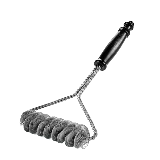 Black-handled grill brush with four twisted wire springs for heavy-duty cleaning in outdoor grilling tools collection