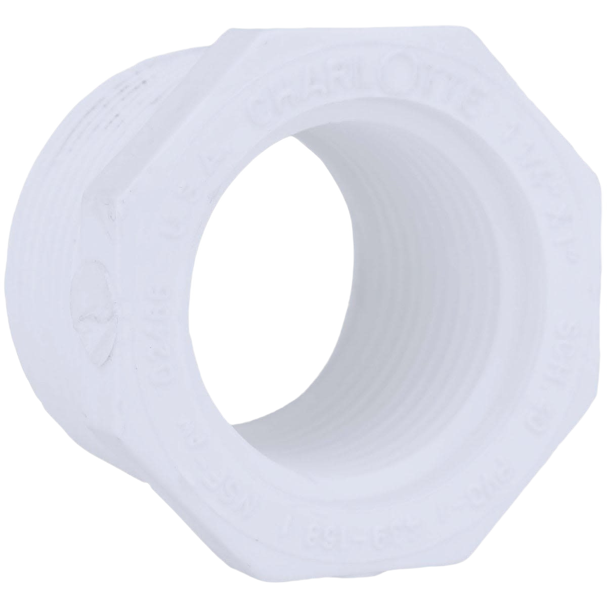White PVC reducing bushing with threaded connections for plumbing in Pipes & Fittings and Under $50 collections