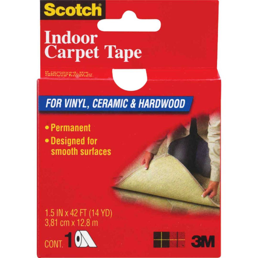 Red box of Scotch indoor carpet tape for smooth vinyl, ceramic, and hardwood floor surfaces in home improvement tools under $50 collection